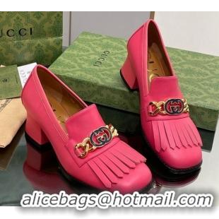 Sumptuous Gucci Leather Loafers with Chain GG and Fringe Dark Pink 901098