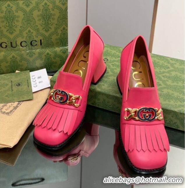 Sumptuous Gucci Leather Loafers with Chain GG and Fringe Dark Pink 901098