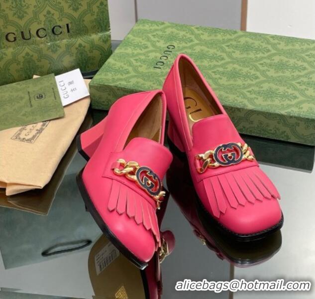 Sumptuous Gucci Leather Loafers with Chain GG and Fringe Dark Pink 901098