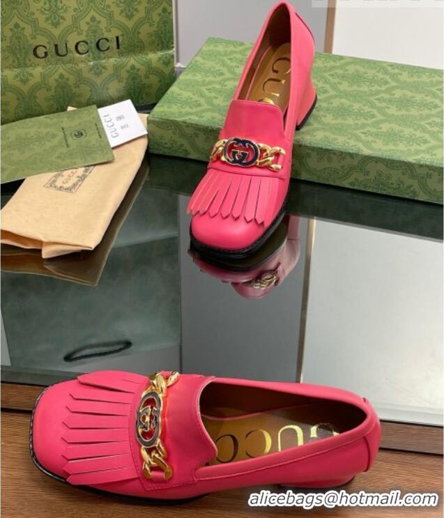 Sumptuous Gucci Leather Loafers with Chain GG and Fringe Dark Pink 901098