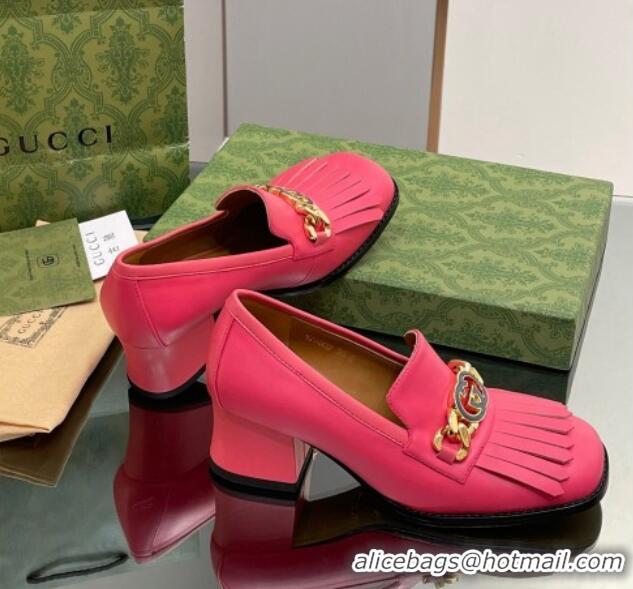 Sumptuous Gucci Leather Loafers with Chain GG and Fringe Dark Pink 901098