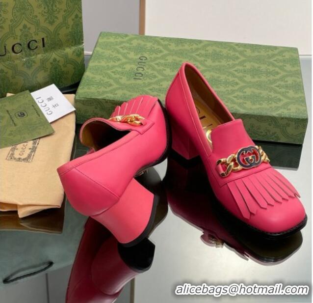 Sumptuous Gucci Leather Loafers with Chain GG and Fringe Dark Pink 901098