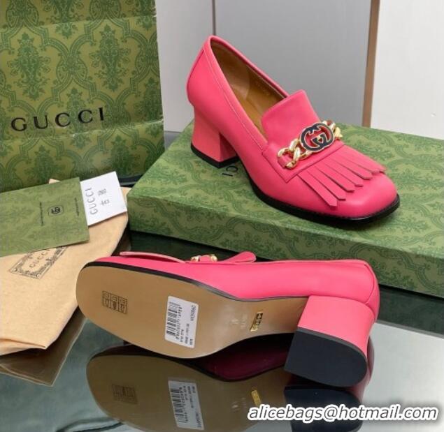 Sumptuous Gucci Leather Loafers with Chain GG and Fringe Dark Pink 901098