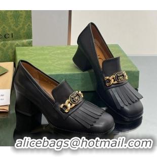 Unique Discount Gucci Calfskin Leather Loafers with Chain GG and Fringe Black 901099