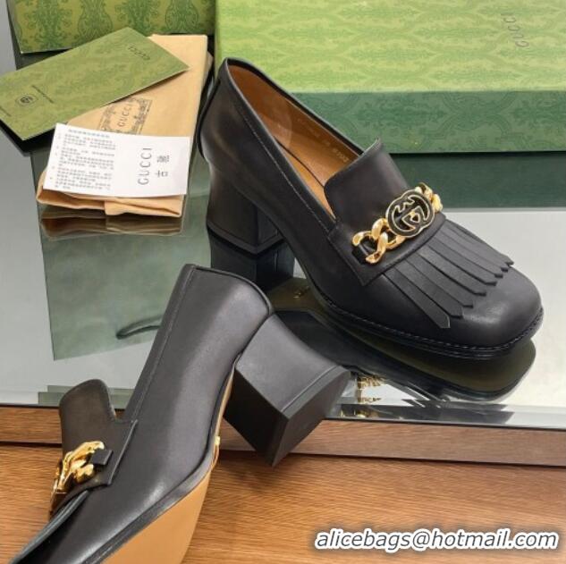 Unique Discount Gucci Calfskin Leather Loafers with Chain GG and Fringe Black 901099