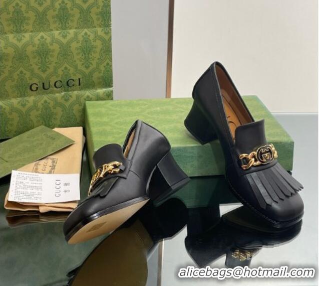 Unique Discount Gucci Calfskin Leather Loafers with Chain GG and Fringe Black 901099