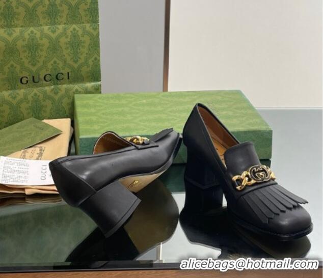 Unique Discount Gucci Calfskin Leather Loafers with Chain GG and Fringe Black 901099