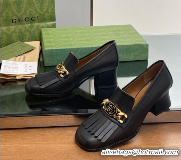 Unique Discount Gucci Calfskin Leather Loafers with Chain GG and Fringe Black 901099