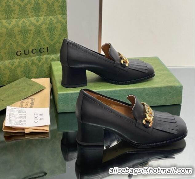 Unique Discount Gucci Calfskin Leather Loafers with Chain GG and Fringe Black 901099