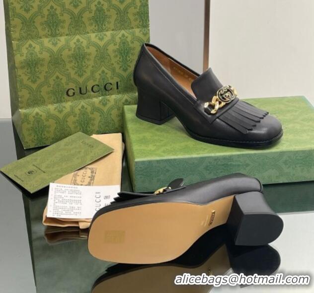 Unique Discount Gucci Calfskin Leather Loafers with Chain GG and Fringe Black 901099