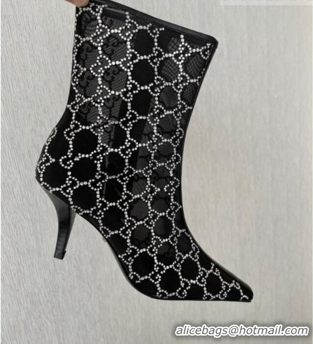 Sophisticated Gucci Crystal GG Mesh Mid-Heel Ankle Boots 7.5cm Black 904072