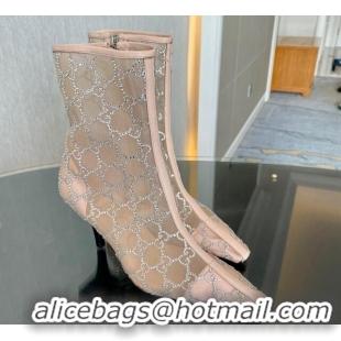 Trendy Design Gucci Crystal GG Mesh Mid-Heel Ankle Boots 7.5cm Nude pink 904073