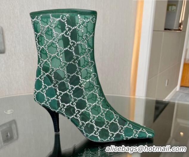 Duplicate Gucci Crystal GG Mesh Mid-Heel Ankle Boots 7.5cm Green 904074