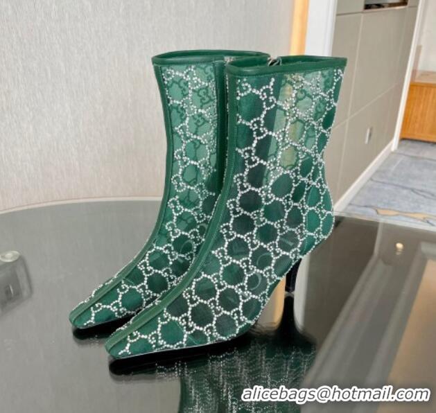 Duplicate Gucci Crystal GG Mesh Mid-Heel Ankle Boots 7.5cm Green 904074