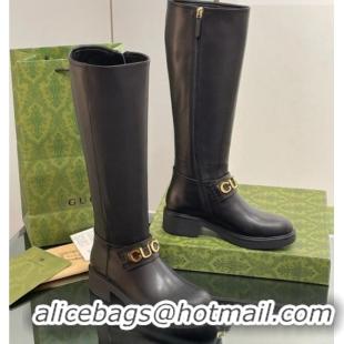 Affordable Price Gucci Leather High Boots 3.5cm with Logo Band Black 916037