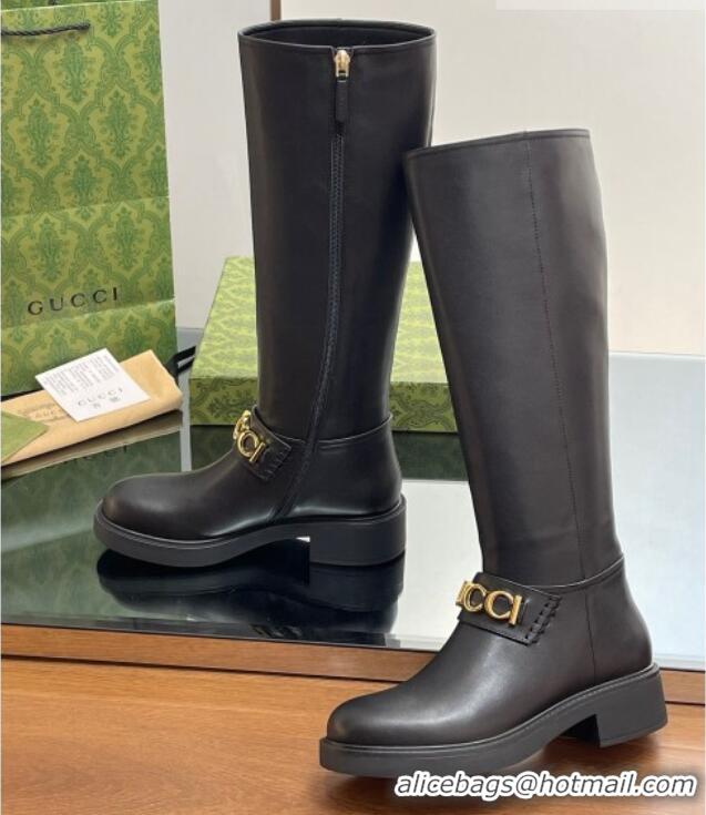 Affordable Price Gucci Leather High Boots 3.5cm with Logo Band Black 916037