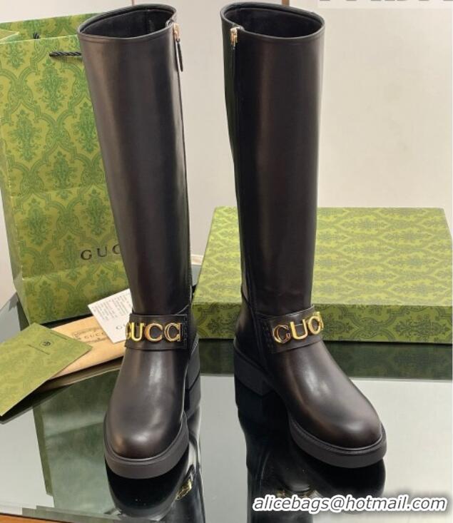 Affordable Price Gucci Leather High Boots 3.5cm with Logo Band Black 916037