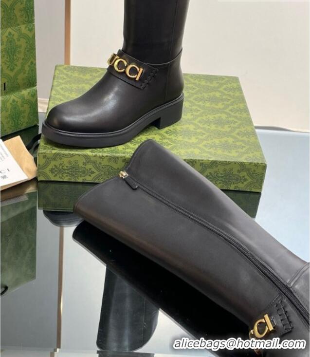 Affordable Price Gucci Leather High Boots 3.5cm with Logo Band Black 916037