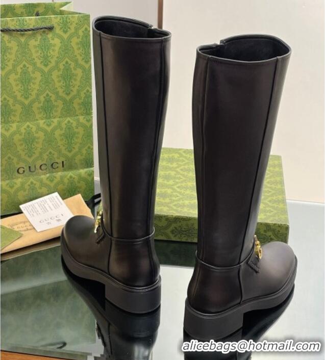 Affordable Price Gucci Leather High Boots 3.5cm with Logo Band Black 916037