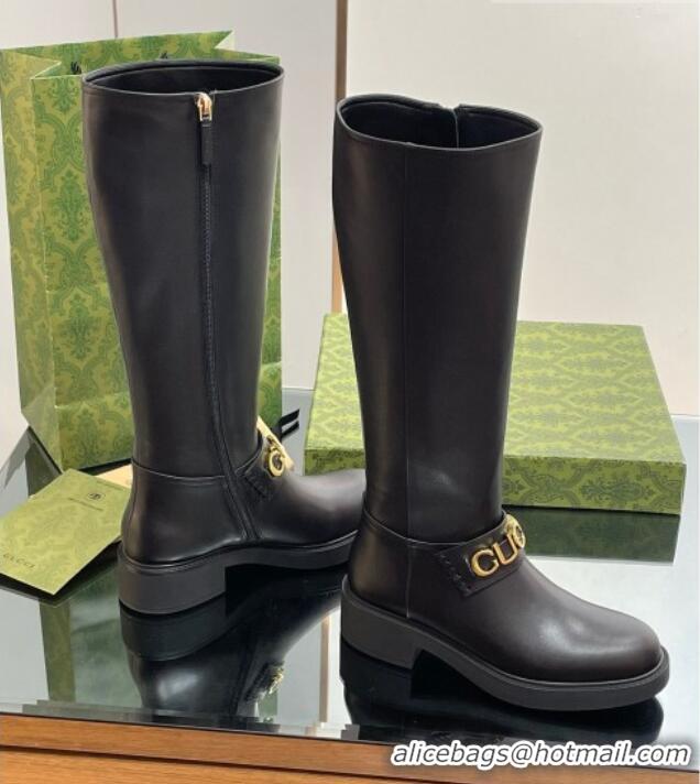 Affordable Price Gucci Leather High Boots 3.5cm with Logo Band Black 916037