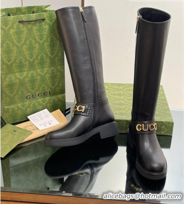 Affordable Price Gucci Leather High Boots 3.5cm with Logo Band Black 916037