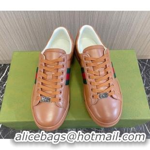 Top Design Gucci Ace Leather Sneakers with Web Brown 916026