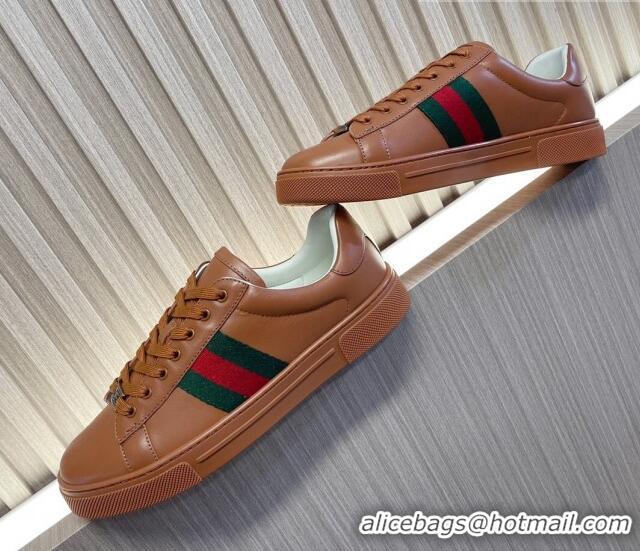 Top Design Gucci Ace Leather Sneakers with Web Brown 916026