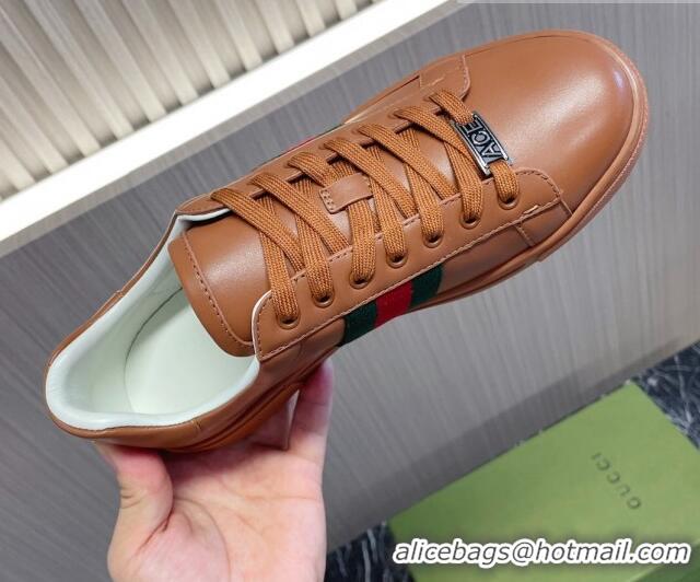 Top Design Gucci Ace Leather Sneakers with Web Brown 916026