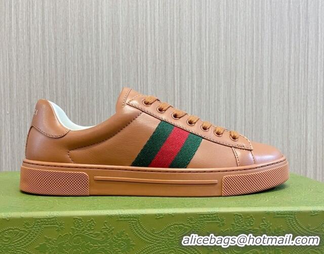 Top Design Gucci Ace Leather Sneakers with Web Brown 916026