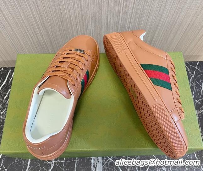 Top Design Gucci Ace Leather Sneakers with Web Brown 916026