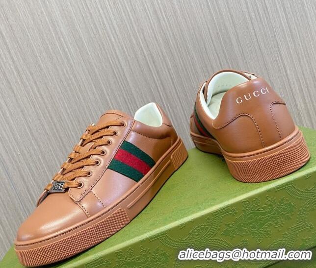 Top Design Gucci Ace Leather Sneakers with Web Brown 916026