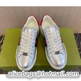 Top Grade Gucci Ace Leather Sneakers with Web Silver 916027