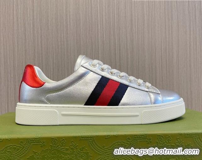 Top Grade Gucci Ace Leather Sneakers with Web Silver 916027