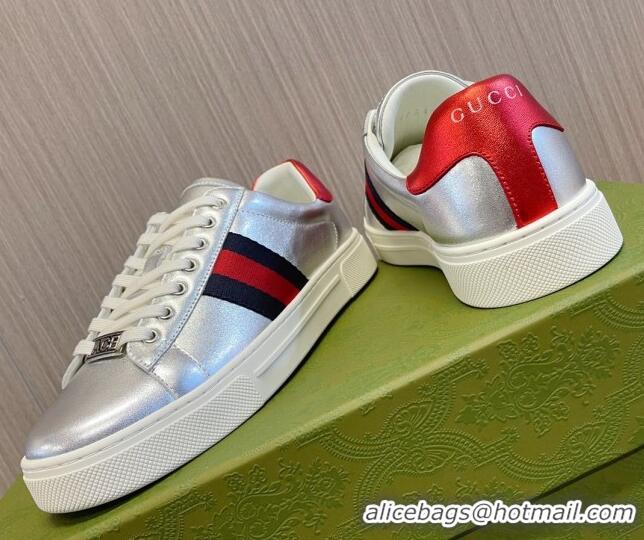 Top Grade Gucci Ace Leather Sneakers with Web Silver 916027