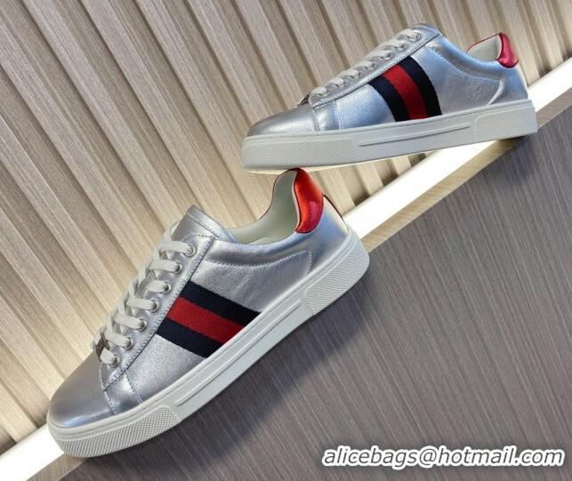 Top Grade Gucci Ace Leather Sneakers with Web Silver 916027