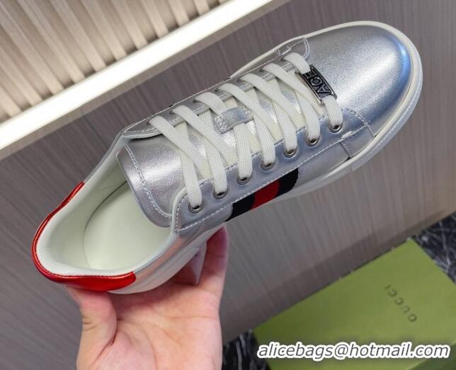 Top Grade Gucci Ace Leather Sneakers with Web Silver 916027