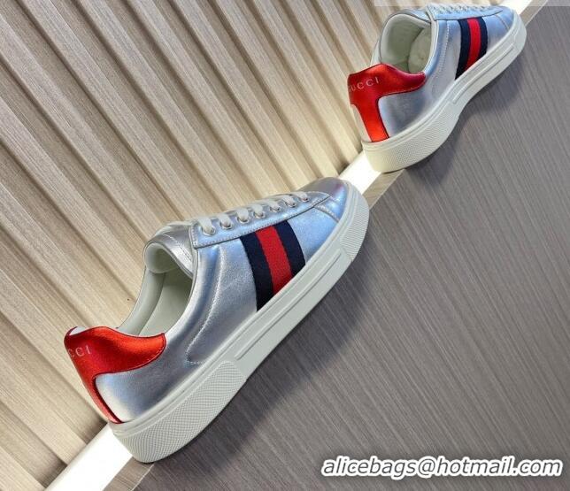 Top Grade Gucci Ace Leather Sneakers with Web Silver 916027