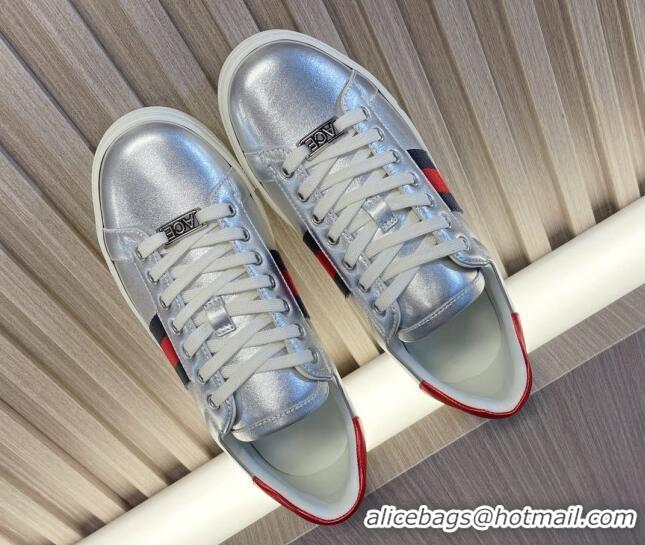 Top Grade Gucci Ace Leather Sneakers with Web Silver 916027