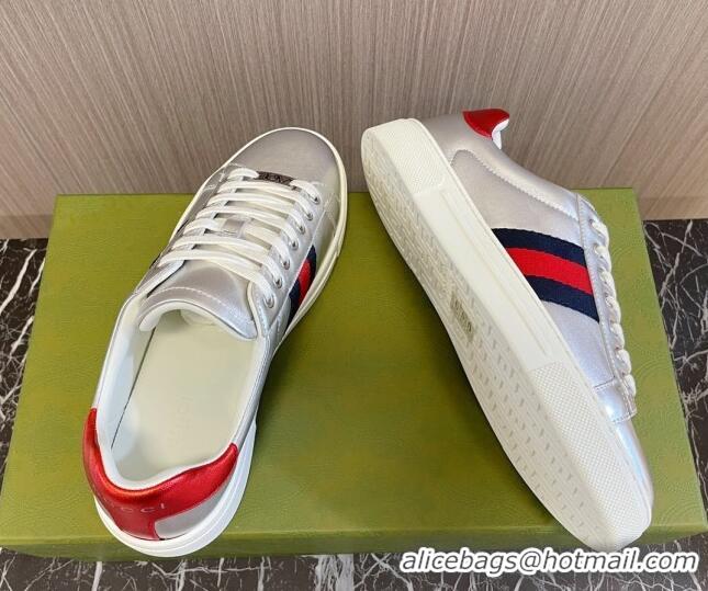 Top Grade Gucci Ace Leather Sneakers with Web Silver 916027