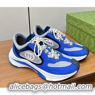 Good Quality Gucci Run Trainer Sneakers in Mesh and Suede with Interlocking G Blue 916033