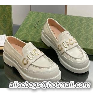 Most Popular Gucci Leather Platform Loafers with Script White 916038