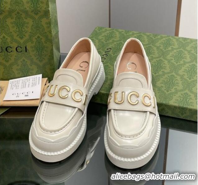 Most Popular Gucci Leather Platform Loafers with Script White 916038