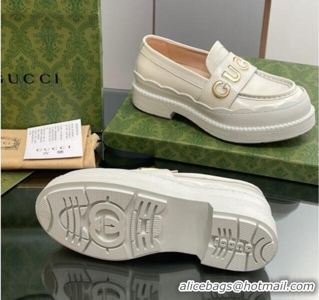 Most Popular Gucci Leather Platform Loafers with Script White 916038