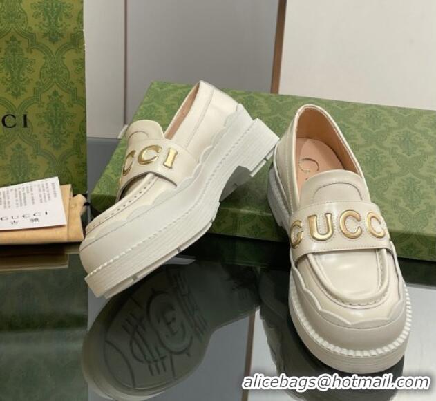 Most Popular Gucci Leather Platform Loafers with Script White 916038