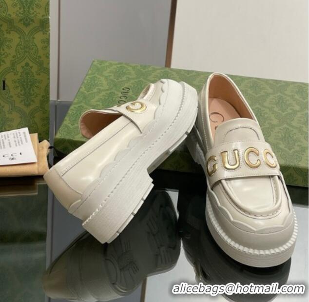 Most Popular Gucci Leather Platform Loafers with Script White 916038