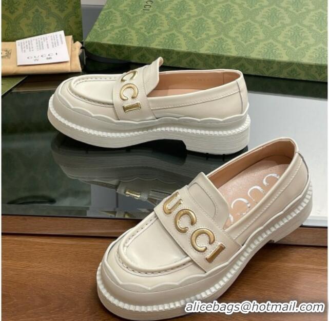 Most Popular Gucci Leather Platform Loafers with Script White 916038