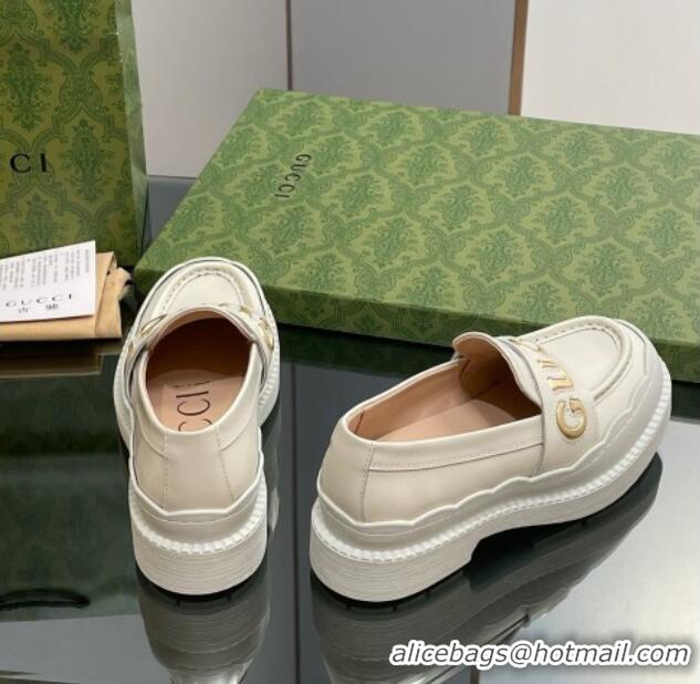 Most Popular Gucci Leather Platform Loafers with Script White 916038