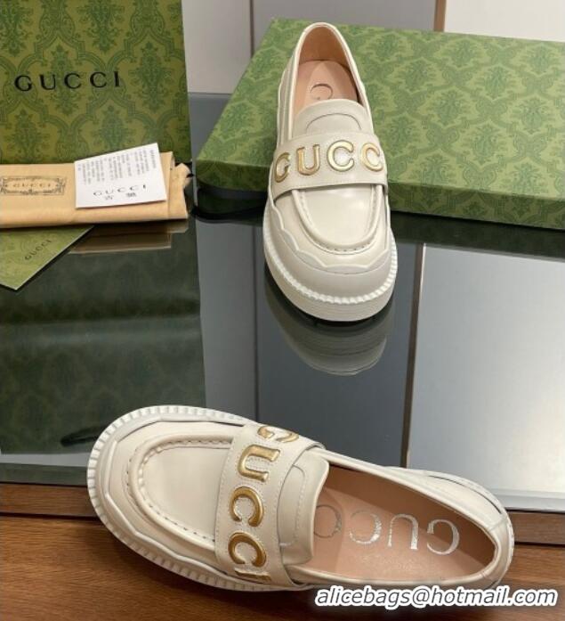 Most Popular Gucci Leather Platform Loafers with Script White 916038