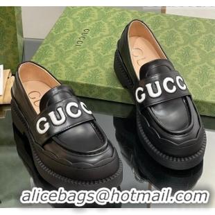 Good Looking Gucci Leather Platform Loafers with Script Black 916039