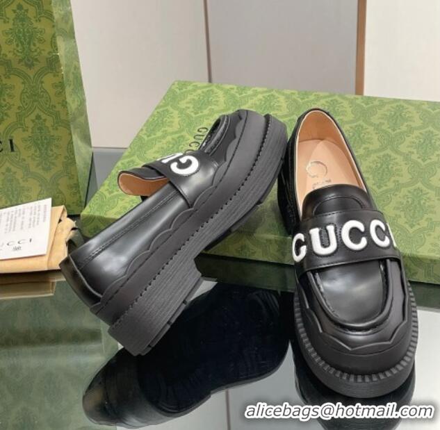 Good Looking Gucci Leather Platform Loafers with Script Black 916039